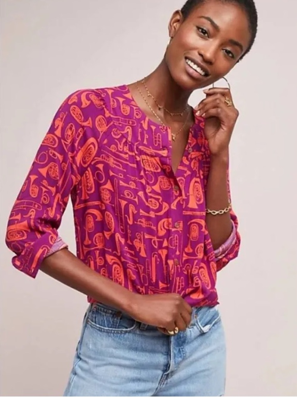 Anthropologie 52 Conversations Toot Your Horn Blouse Size 6 musical instrument